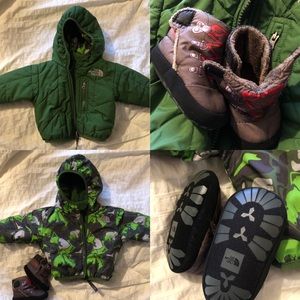 Northface 0-3 Month reversible puffer jacket and warm booties bundle.
